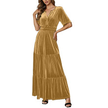 Vestidos de Natal para Mulheres: Vestido de Veludo com Mangas Compridas, Decote em V e Mangas Curtas.