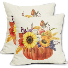 Housses de coussin d'automne 45x45 cm, lot de 2, motif aquarelle citrouille orange et tournesol, en lin, pour canapé, lit et extérieur – Style