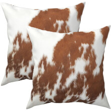 Ensemble de 2 housses de coussin décoratives à motif vache, 45 x 45 cm, marron/rouge/blanc, fausse fourrure, style ferme.