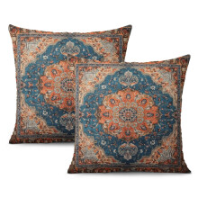 Housses de coussin décoratives bohèmes à motifs ethniques orange et bleus, 40 x 40 cm, lot de 2, en lin, pour canapé, bureau ou salon.