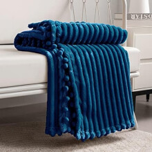 Queen Fleece Blanket 71x80 in Blue with Pompom Trim