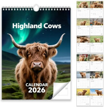 Calendario da parete Highland Cow 2026: 12 mesi di foto panoramiche in HD su carta resistente | Decorazione in stile rustico | Compatibile con