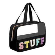Transparente Kosmetiktasche aus Nylon mit Buchstabenaufnäher, Henkel und Reißverschluss