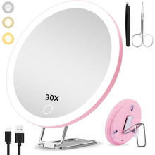 30x Magnifying Mirror with Light – Large 6" Rechargeable Lighted Makeup Mirror with 3 Color Modes, Suction Cups & Table Stand