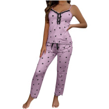 Romantische pyjamaset met hartjesprint voor dames, bestaande uit een topje en een broekje (maten S-2XL), zacht en elastisch.