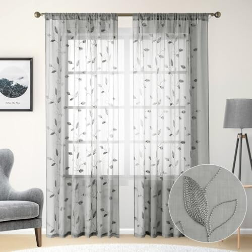 Light Grey Sheer Curtains 52x96 in, 2 Panels, Embroidered