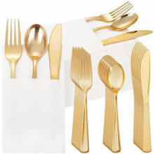 Gold Plastic Silverware and White Napkins 200 pcs