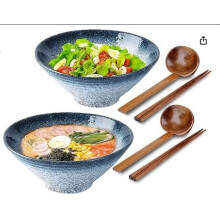 Japanese Ceramic Ramen Bowl Set with Wooden Chopsticks &