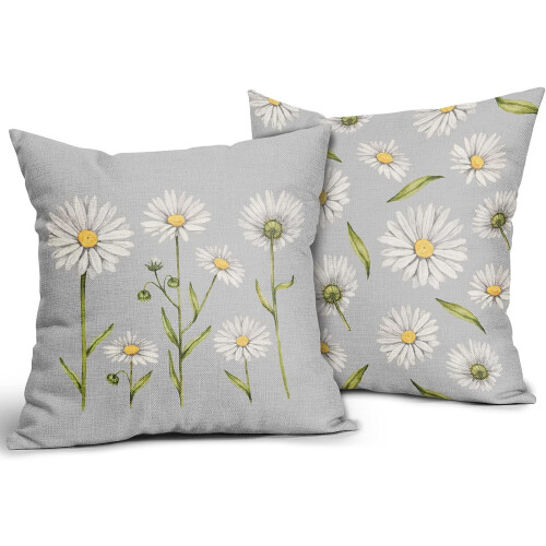 Μαξιλαροθήκες Daisy Άνοιξη/Καλοκαίρι 16x16, Σετ 2 τεμαχίων, Λευκά Λουλούδια Ακουαρέλας