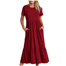 Zomerjurk in de aanbieding! Casual damesjurk met korte mouwen en ronde hals, zwierige maxi-strandjurk met laagjes en zakken, wijnrood.