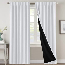 100% Blackout Curtains with Black Liner, 84" Thermal Insulated Back Tab/Rod Pocket Drapes, 2 Panels, Pure White – Compatible with Standard Rods