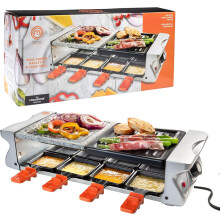 Dubbele raclettetafelgrill met 8 pannen, antiaanbakplaat &