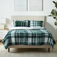 Set di biancheria da letto a 3 pezzi, in micromink sherpa, ultra morbido, caldo per tutte le stagioni, matrimoniale/queen size, a quadri verdi.