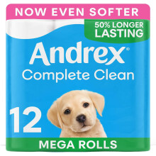 Andrex Complete Clean 12 Mega Toilet Rolls – Equals 18 Standard Rolls – 50% Longer Lasting – Unique 3D Wave – FSC Certified