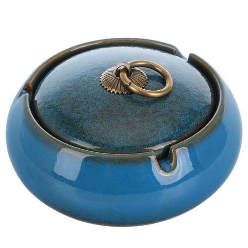 2Pcs Elegant Dark Blue Ceramic Ashtrays with Nonslip Base for Desk Use 1