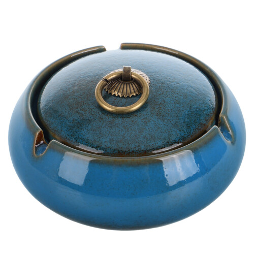 2Pcs Elegant Dark Blue Ceramic Ashtrays with Nonslip Base for Desk Use 2