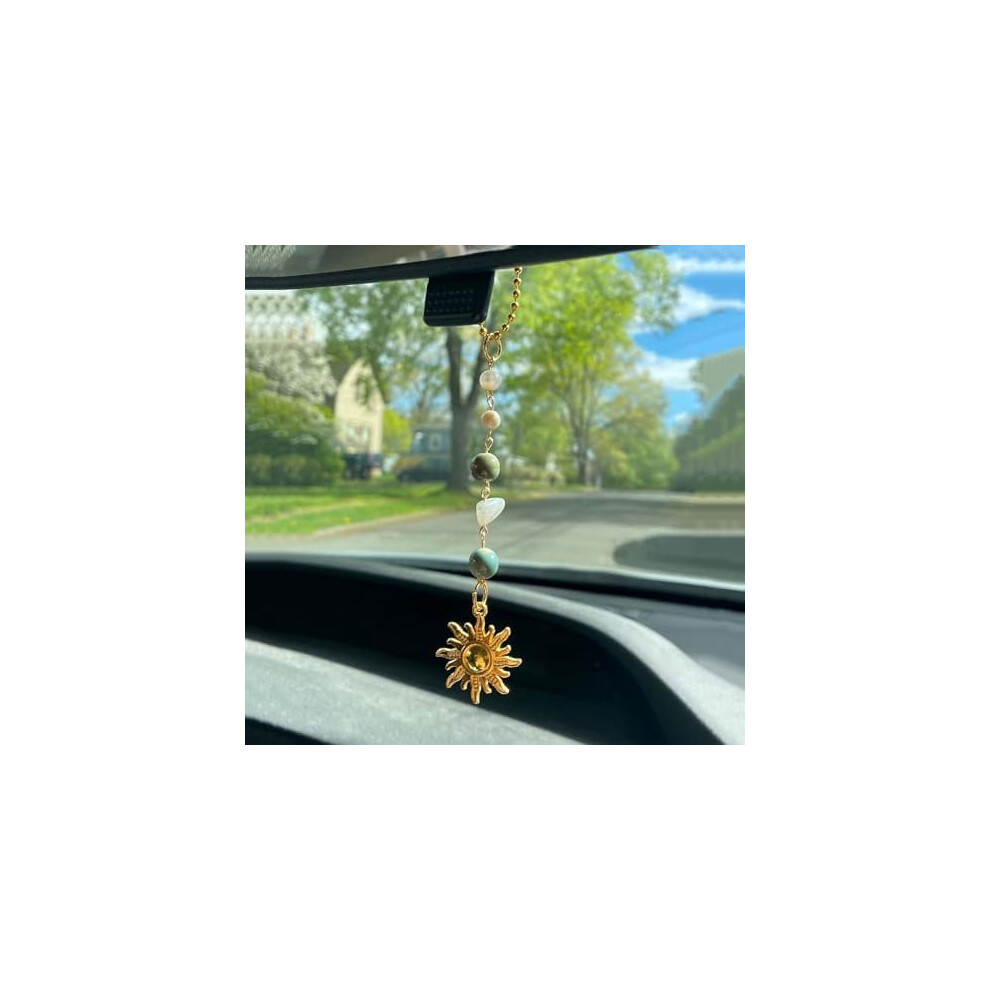 & Sun Hanging Car Charm For Rearview Mirror Â Boho Dangling Decor With Healing Crystals, Compatible With All Cars Green/Gold 9130661850841