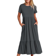 Sommerkleider für Damen 2024: Lässiges, kurzärmeliges Rundhalskleid, fließendes, gestuftes Maxikleid mit Taschen, dunkelgrau, DS