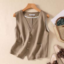 YOUSNH Womens Cotton Linen Vest Casual Loose V Neck Sleeveless Vests Jacke Waistcoat Vest for Women Khaki_002 XL