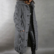 Vest voor dames met capuchon, warme wintertrui voor dames in grote maten, enkelvoudige sluiting, lange mouwen en zak, donkergrijs S