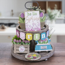 12-Pcs Spring Tulip Tiered Tray Decor Set – Rustic Wooden Trays, Farmhouse Vintage Home & Kitchen Table Decor, Compatible with Spring Decor
