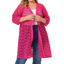 Cardigan da donna taglie forti per San Valentino, in maglia leggera con pizzo, maniche a 3/4, rosa acceso, taglia 4X.