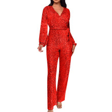 Macacão casual Riforla de manga comprida com cinto e lantejoulas, vermelho, tamanho P.