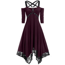 UTTOASFAY Dames Punk Plus Size Open Schouder Kanten Spaghetti Bandjes Lange Mouwen Gothic Jurk