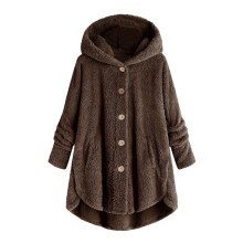 Gilet cardigan à capuche en peluche pour femme, couleur café, taille L