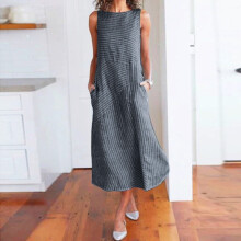 Vestido longo feminino casual listrado de linho, sem mangas e com bolsos – Ideal para tamanhos pequenos e para a primavera/outono.