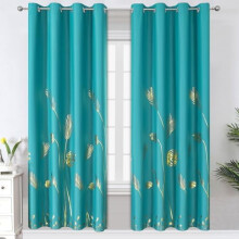 Teal Blackout Curtains with Gold Palm Pattern 52x72 in, 2