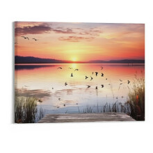 Leinwandbild „Sonnenuntergang am See mit fliegenden Vögeln“ – 50 x 40 cm, moderner Naturdruck für die Wanddekoration zu Hause oder im Büro