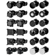 12 Pairs Black Earrings for Men Stainless Steel Mens Earrings Stud Hypoallergenic Square Cubic Zirconia Stud Earrings Set for Multiple Piercing