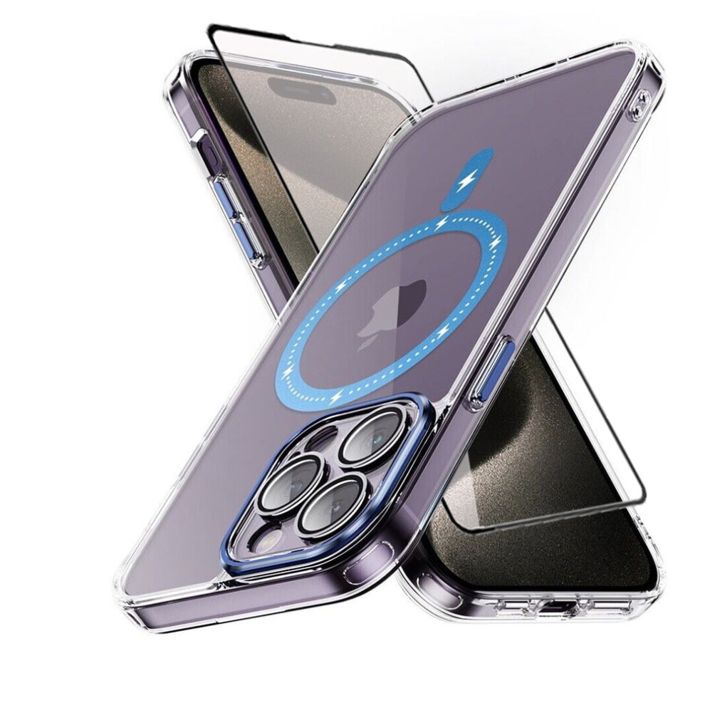 Xhy Magnetic Case For Iphone 15 (6.1") Â Magsafe-Compatible, Shockproof, Non-Yellowing, Crystal Clear With Screen Protector, Blue 9405492905511