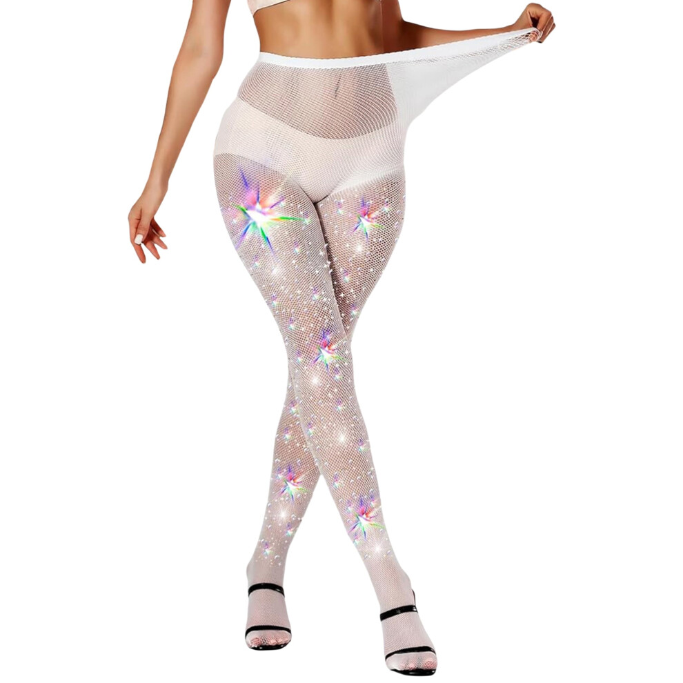 Rdhnmea Women Fishnets Sparkly Tights Glitter Shiny High Waist Rhinestone Stockings Erotic Party Concert Pantyhose