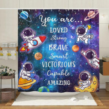 Rideau de douche enfant galaxie avec motif astronaute et fusée, 152 x 178 cm, 12 crochets – Compatible avec les barres de douche standard