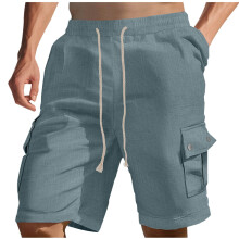 Mens Shorts Casual Solid-Color Loose Casual Multi-Pocket Cotton-Linen Drawstring Shorts S-3XL
