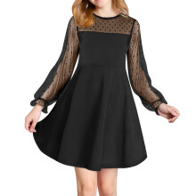 Girls' A-Line Mesh Dress Trendy Cozy Soft Fabric Long Sleeve Round Neck Skirt Elegant Style for Party Dance Graduation(Black#1,13 Years)