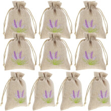 Pacote com 10 saquinhos de linho com cordão para lavanda, especiarias e outros produtos.