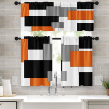 Ensemble de rideaux de cuisine orange et gris – 91 cm (36 po) à œillets + cantonnière, rideaux blancs à motifs abstraits pour salle de