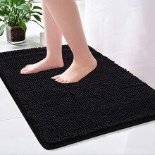 Tapis de bain en chenille douce 61 x 91 cm, antidérapant et absorbant, lavable en machine, en microfibre noire