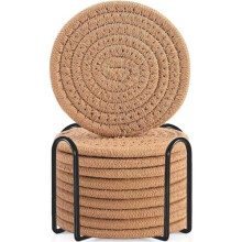 Posavasos con soporte, juego de 10 unidades, de algodón tejido absorbente.