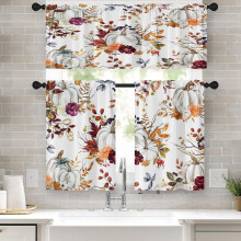 Pumpkin Kitchen Curtains Set – 36" Burgundy Autumn Tier & Valance, Rod Pocket, Watercolor Cafe Decor, Compatible with Standard Rods