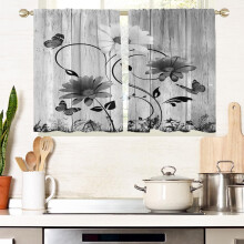 Black & White Floral Window Curtains for Kitchen, Living Room, Bedroom – Abstract Gray Leaf Design, 27.5" x 36", 1 Pair