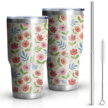 840 ml Pioneer-krus med blomsterprint, dobbeltvægget vakuumisoleret kop, BPA-frit, lækagesikkert låg og genanvendelige sugerør, varm 12 timer,