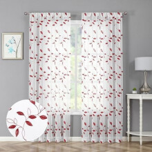 Burgundy Red Leaf Sheer Curtains, Embroidered Voile Window Treatment, Rod Pocket, 54x84", Set of 2 Panels