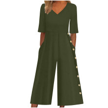 Jumpsuits voor dames, casual, zomers, modieus en comfortabel, effen kleur, korte mouwen, V-hals, legergroen S
