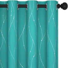 Blackout Curtains, Thermal Insulated, Soundproof Grommet Drapes, Wave Dots Silver Print, 52x63", Set of 2, Machine Washable, Turquoise