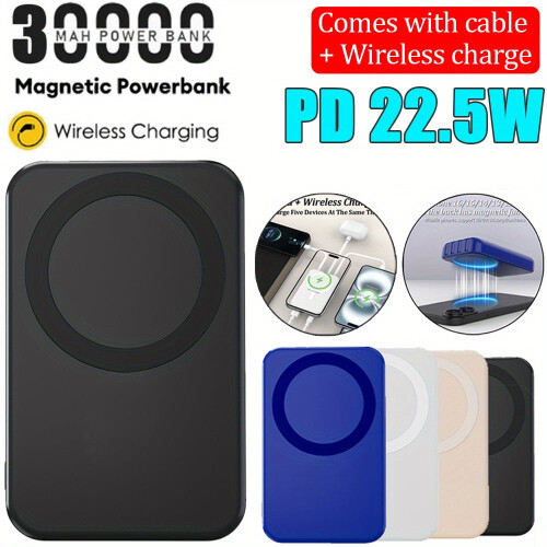 Bateria externa magnética de 30000mAh com display LED, carregamento rápido de 22,5W, cabos integrados compatíveis com iPhone, Samsung e Android. 1