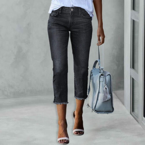 Γυναικείο παντελόνι Capri Jeans με ίσια γραμμή, ελαστικό τζιν, μαύρο 1